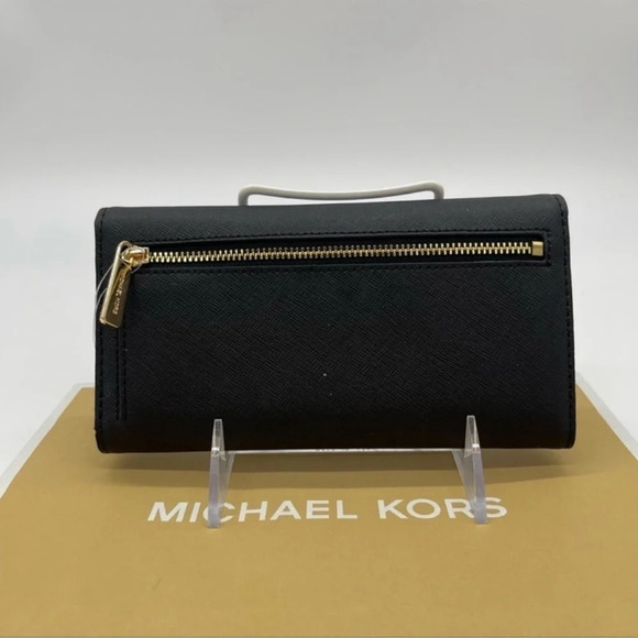 Michael Kors Large Trifold Wallet Black Leather Rich Black/Gold - Picture 4 of 8